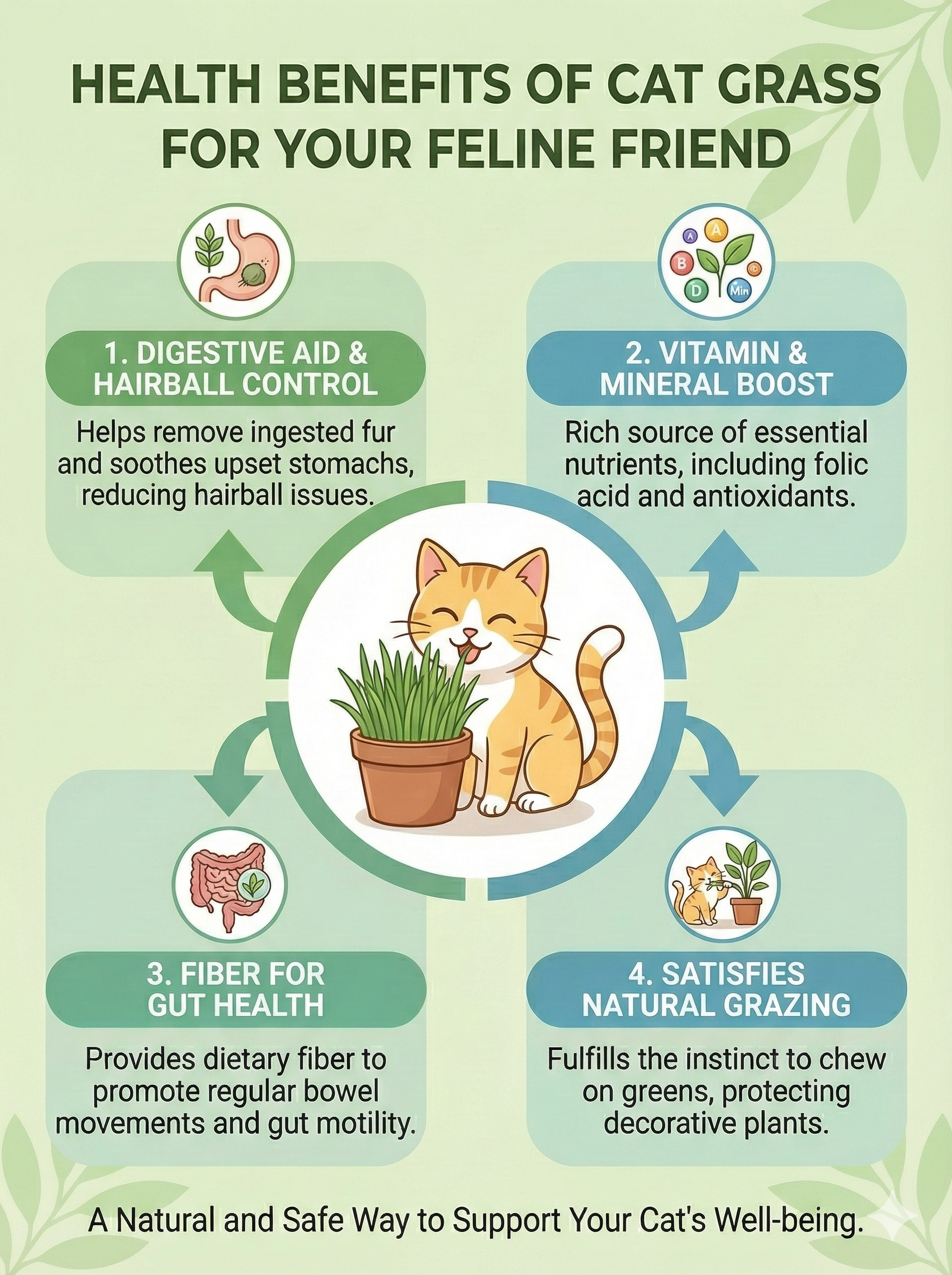 Health benefits of cat grass for cats illustrated with icons and text.