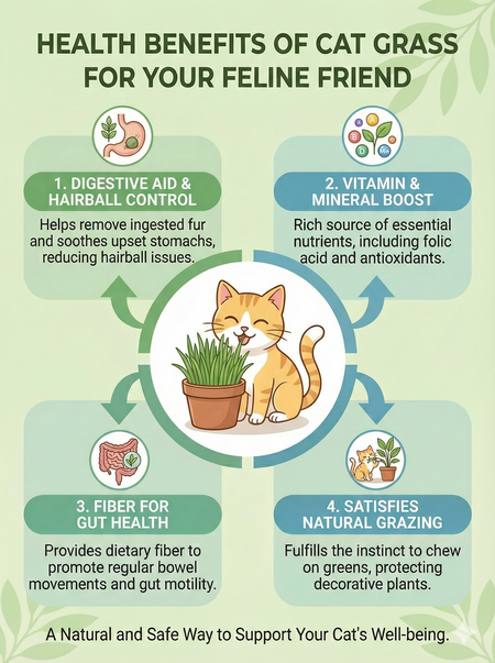 Health benefits of cat grass for cats illustrated with icons and text.