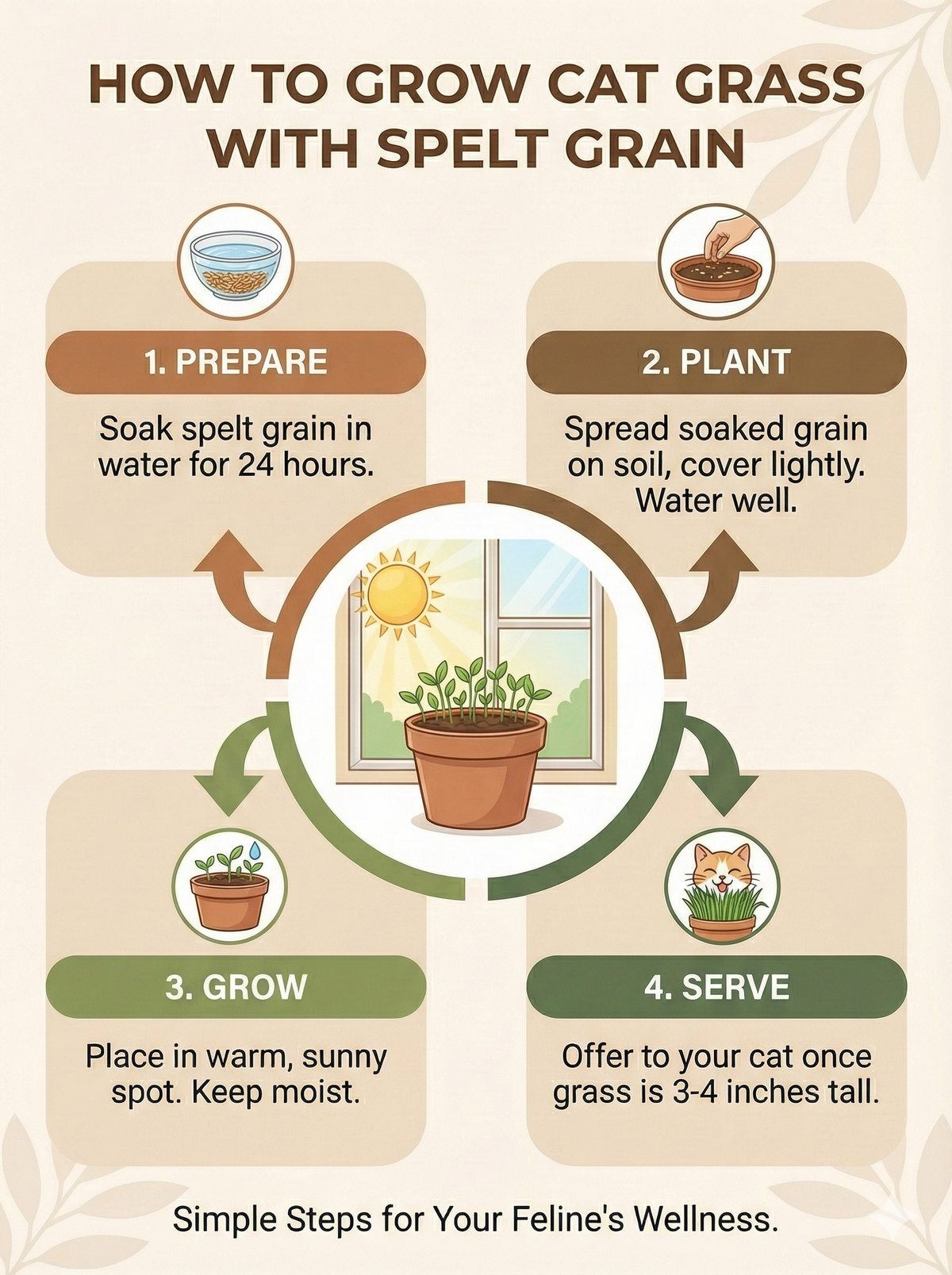 Step-by-step guide on how to grow cat grass with spelt grain, including preparation, planting, growing, and serving.