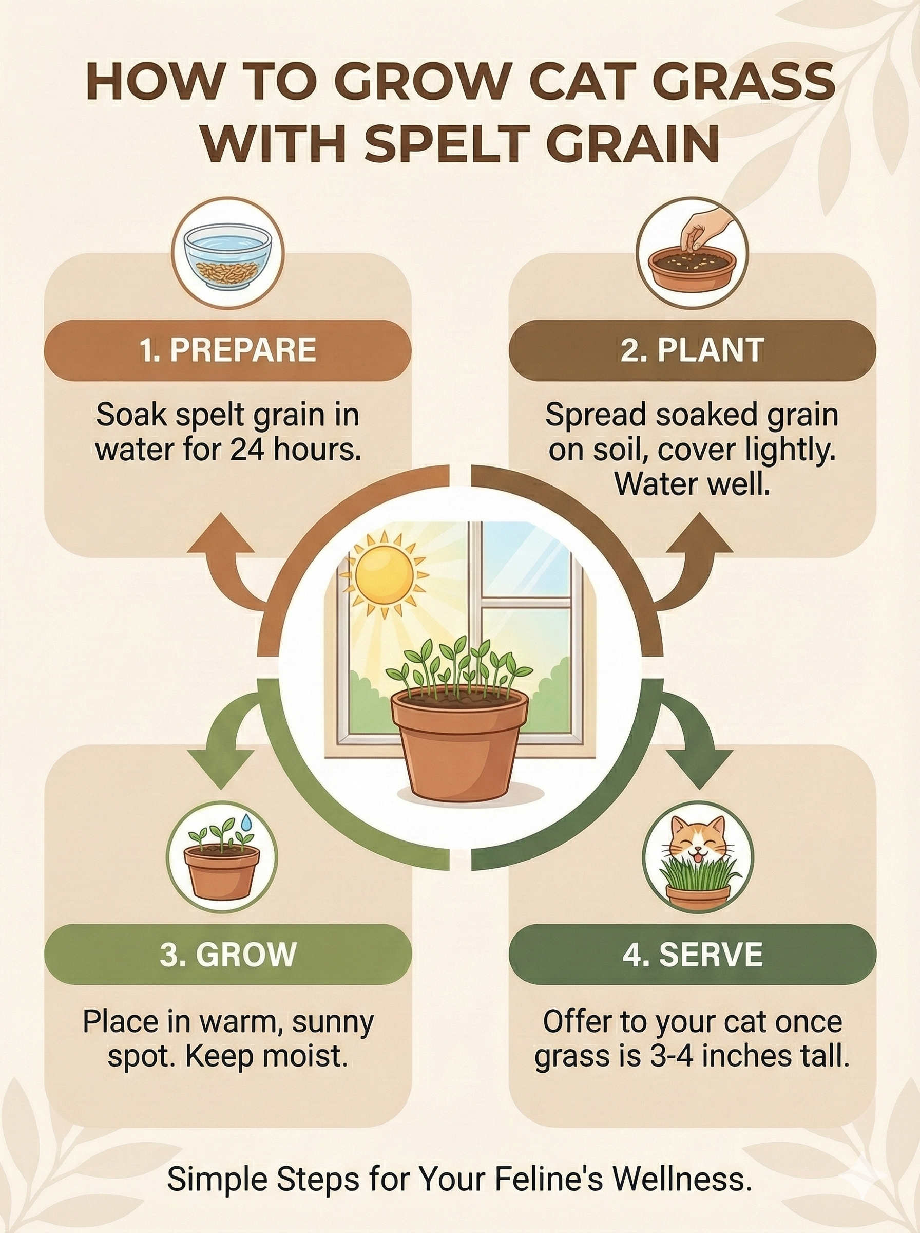 Step-by-step guide on how to grow cat grass with spelt grain, including preparation, planting, growing, and serving.