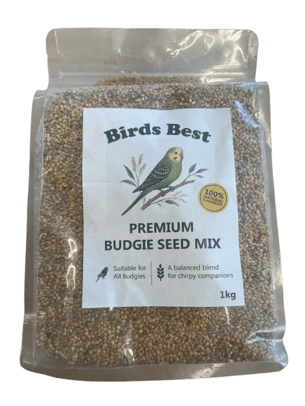 Birds Best Budgie Seed 1kg front pouch with label showing premium seed mix for budgies, 100% natural and suitable for all budgies.