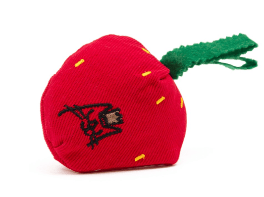 King Catnip Strawberry Cat Toy shaped like a red strawberry with green felt stem, embroidered with a black cat face. Ideal for playful cats.