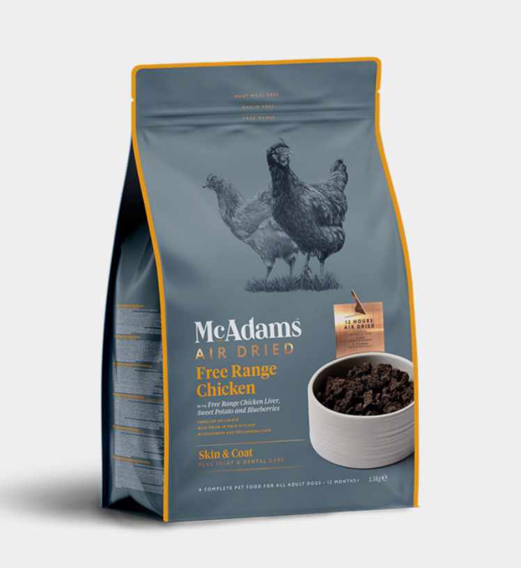 McAdams Air Dried Free Range Chicken dog food package on a white background