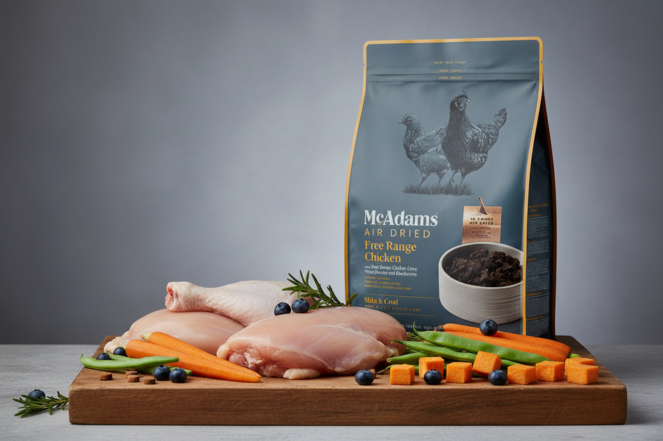 McAdams air-dried free-range chicken product with raw chicken pieces and vegetables on a wooden board against a gray background.
