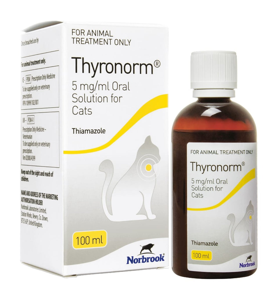 Thyronorm Oral Solution for Cats 5mg/ml 100ml bottle with box, used to manage hyperthyroidism in cats, veterinary pet medicine.