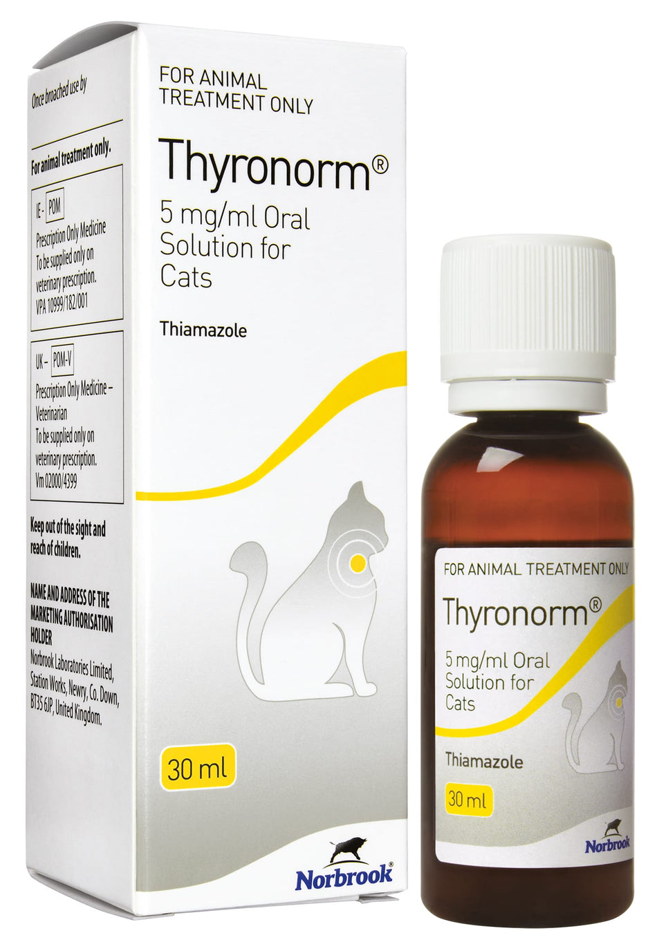 Thyronorm Oral Solution for Cats 5mg/ml 30ml bottle and packaging for treating feline hyperthyroidism, pet medicine by Norbrook.