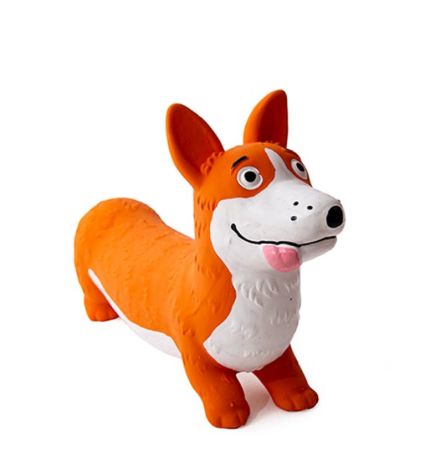 Plush toy dog with orange and white fur on a white background