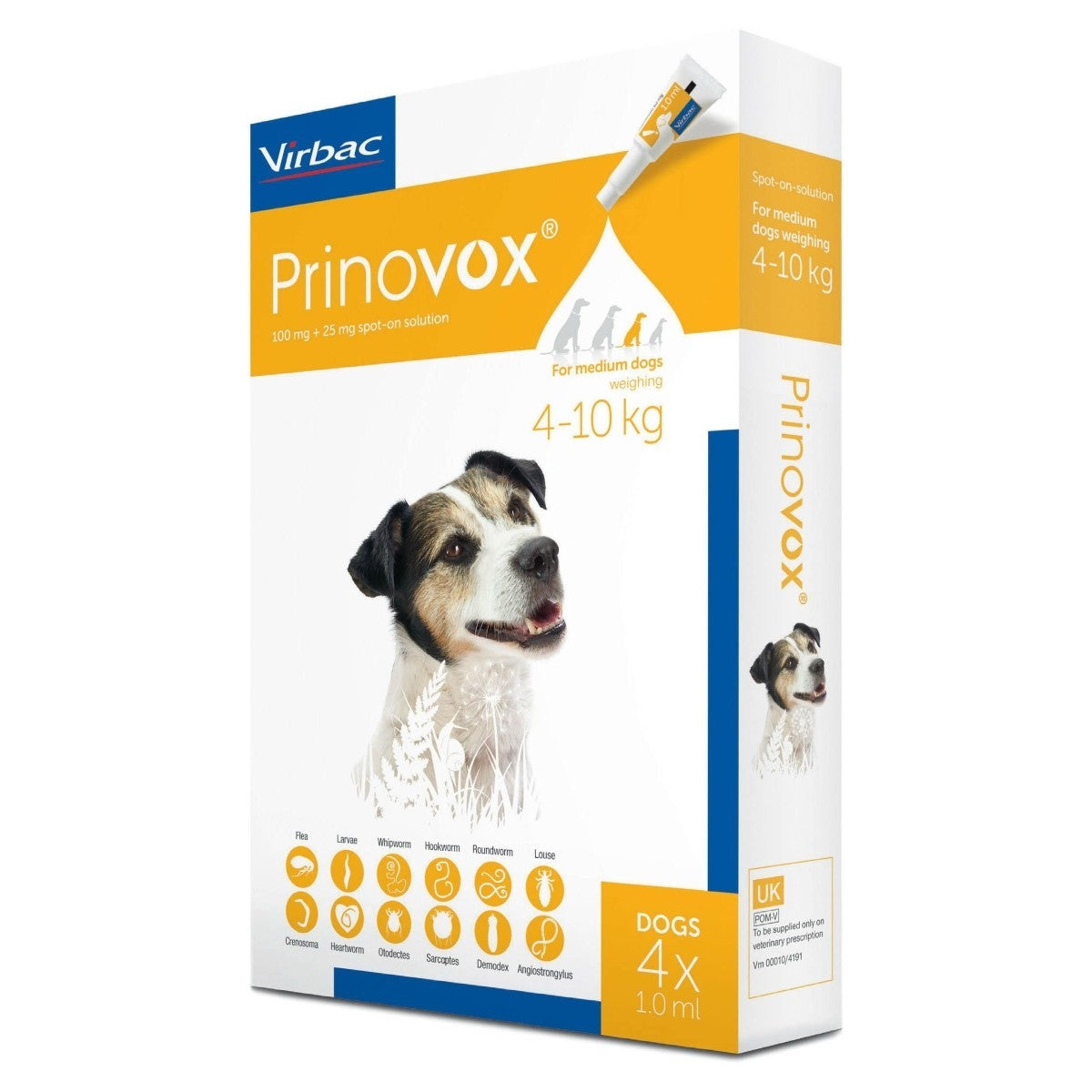 Prinovox Spot-On Solution for medium dogs 4-10kg, 4x1ml pack, flea and tick control pet medicine with dog image on white and orange box.