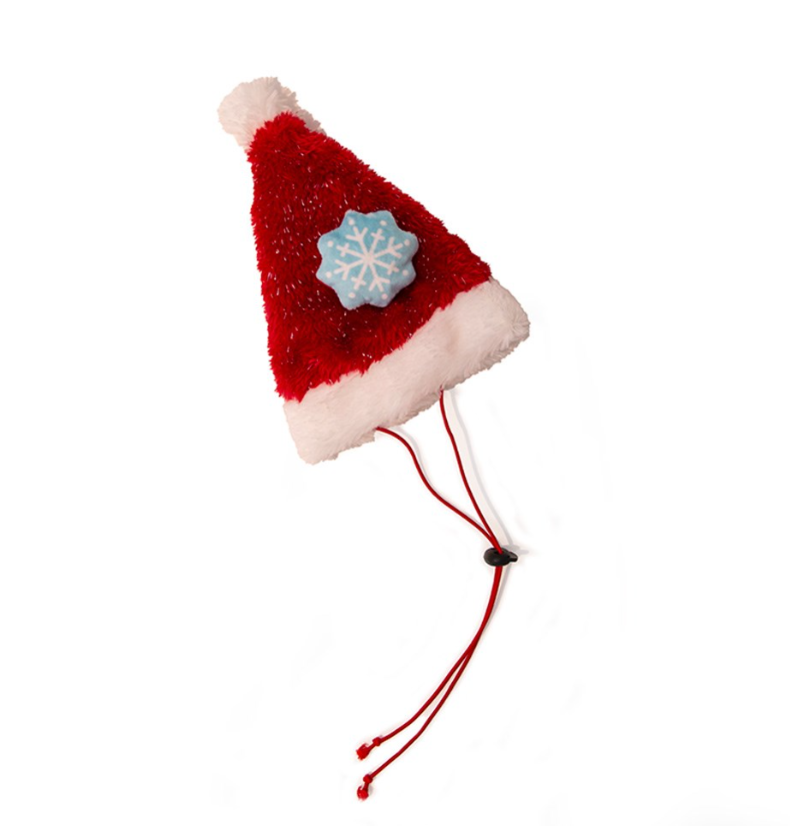 Red and pink Santa hat with a snowflake design on a white background