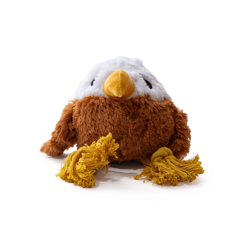Stay Wild Golden Eagle Soft Dog Toy by Great & Small with plush body, rope legs, and hidden TPR ball for interactive play and cuddling.