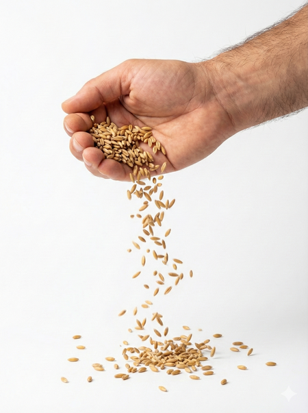 Hand pouring wheat grains onto a white surface
