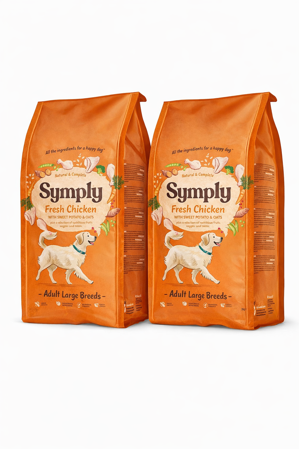 Two orange bags of Symply Large Breed Chicken dog food for adult large breeds on a white background