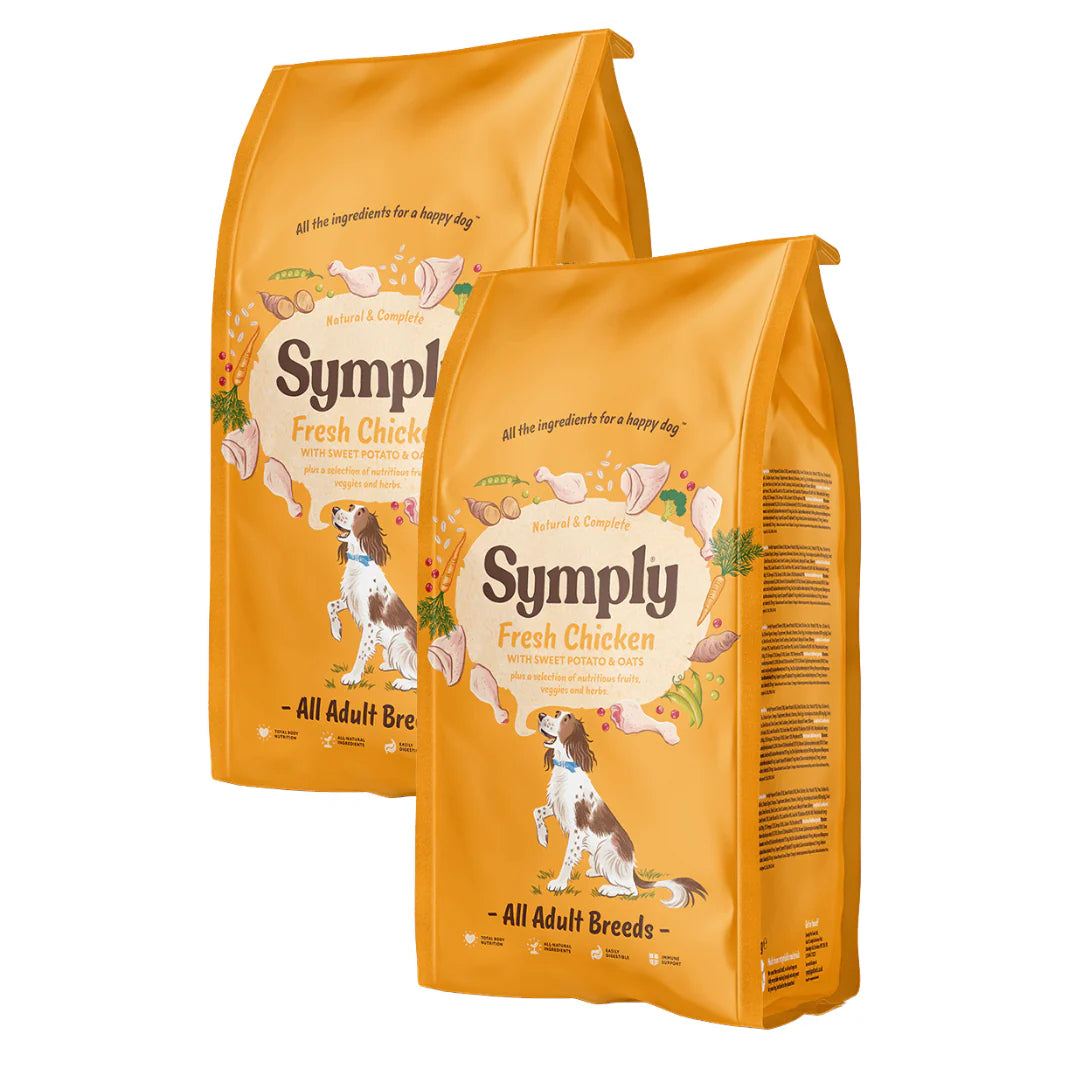 Two packages of Symply Fresh Chicken dog food on a white background
