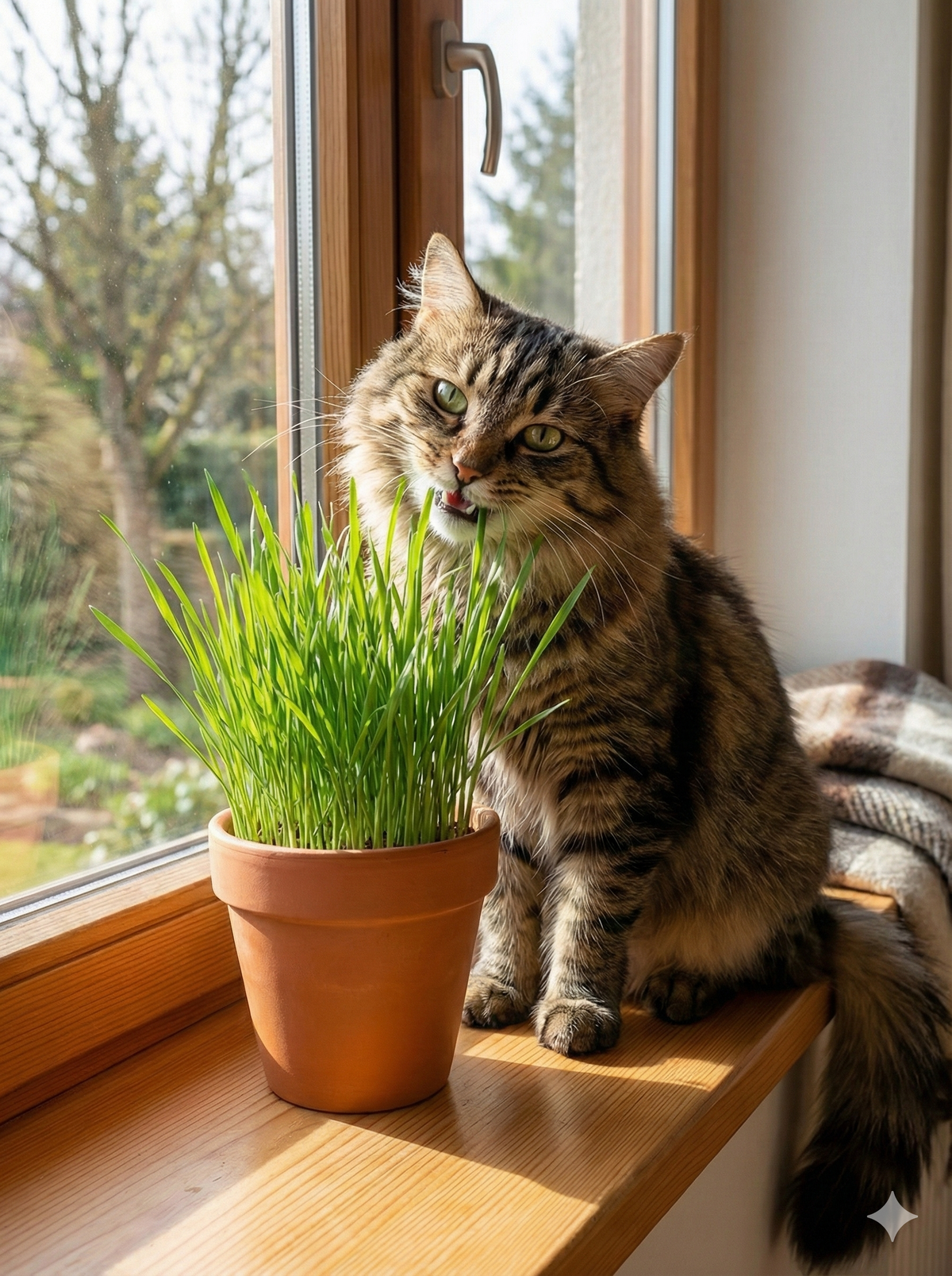 Cat sitting on a windowsill next to a potted plant