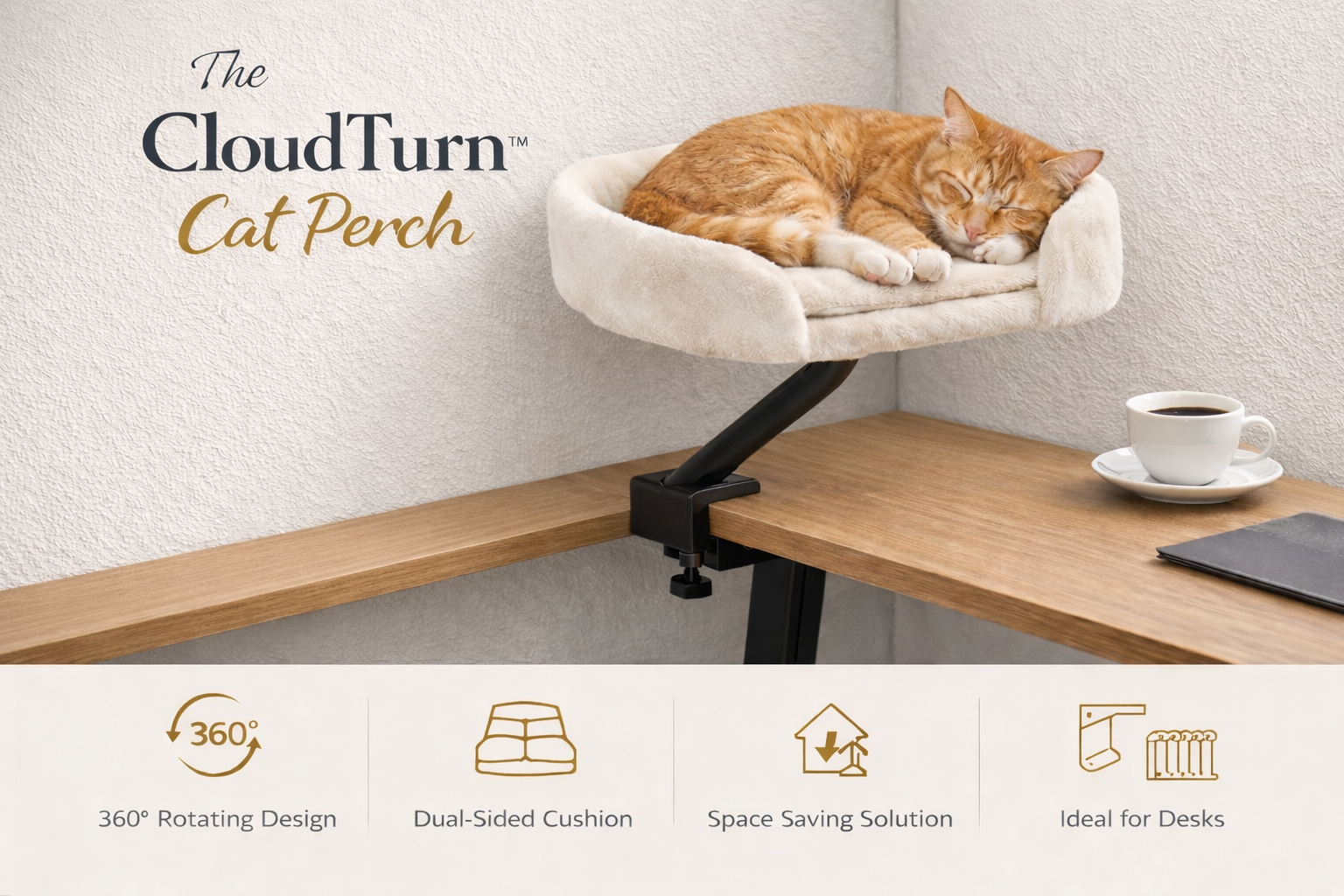 Cat perched on a CloudTurn cat perch attached to a desk with a cup of coffee.