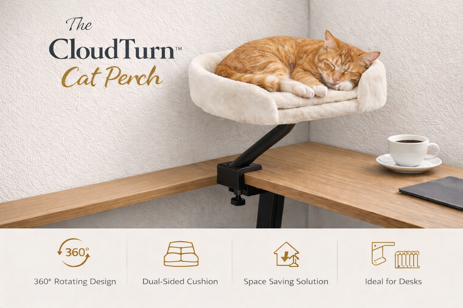 Cat perched on a CloudTurn cat perch attached to a desk with a cup of coffee.
