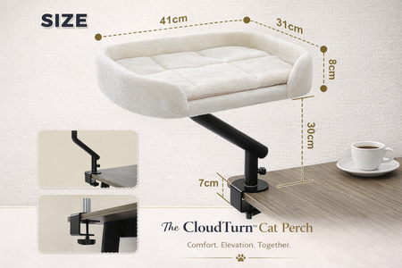 Measurement chart of a cloud-shaped cat perch with dimensions and 'The CloudTurn Cat Perch' branding.