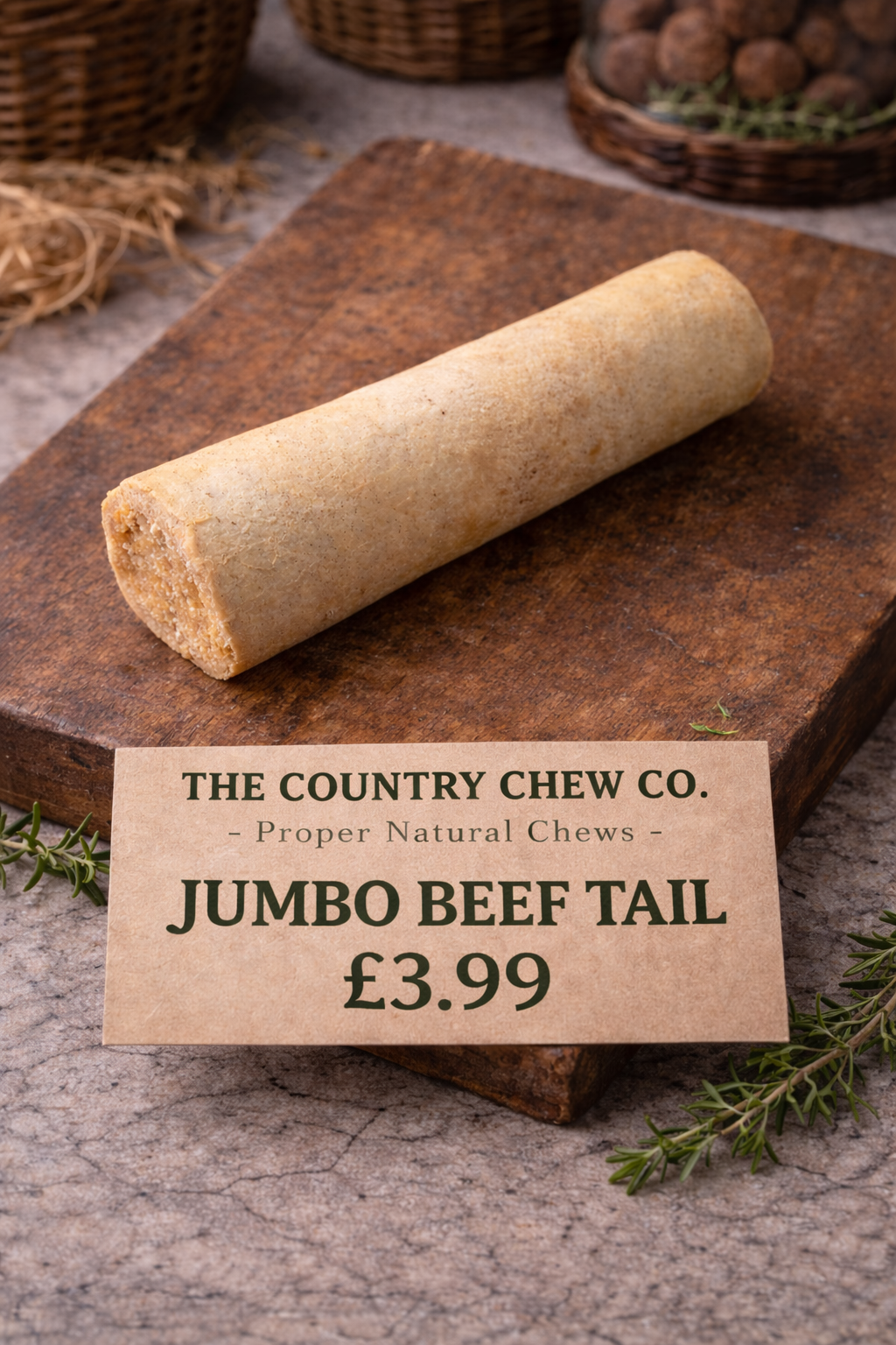 Beef Tail on board with price tag