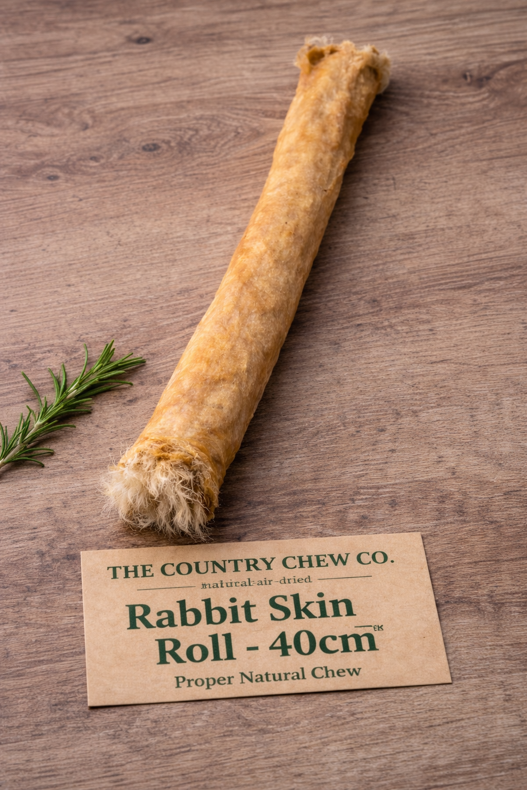Rabbit Skin Roll from The Country Chew Co. on a wooden surface with a label.