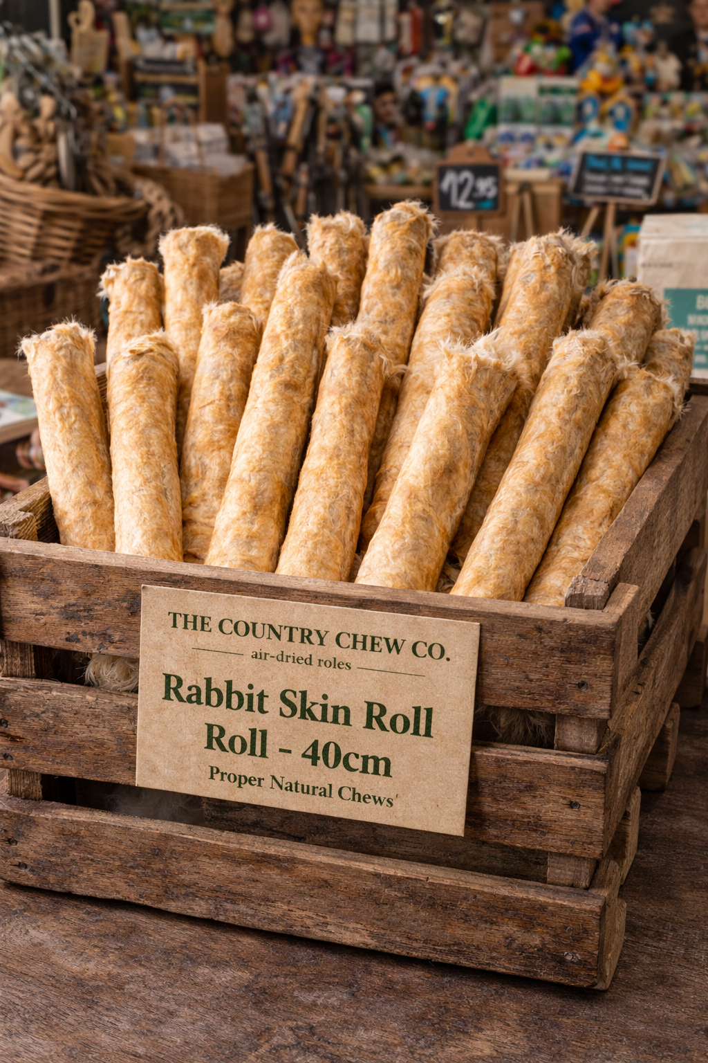 Wooden crate of Rabbit Skin Roll treats from The Country Chew Co. in a store setting.