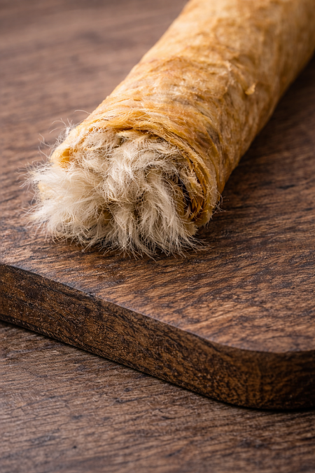 Rabbit Skin Chew with fur on a wooden board