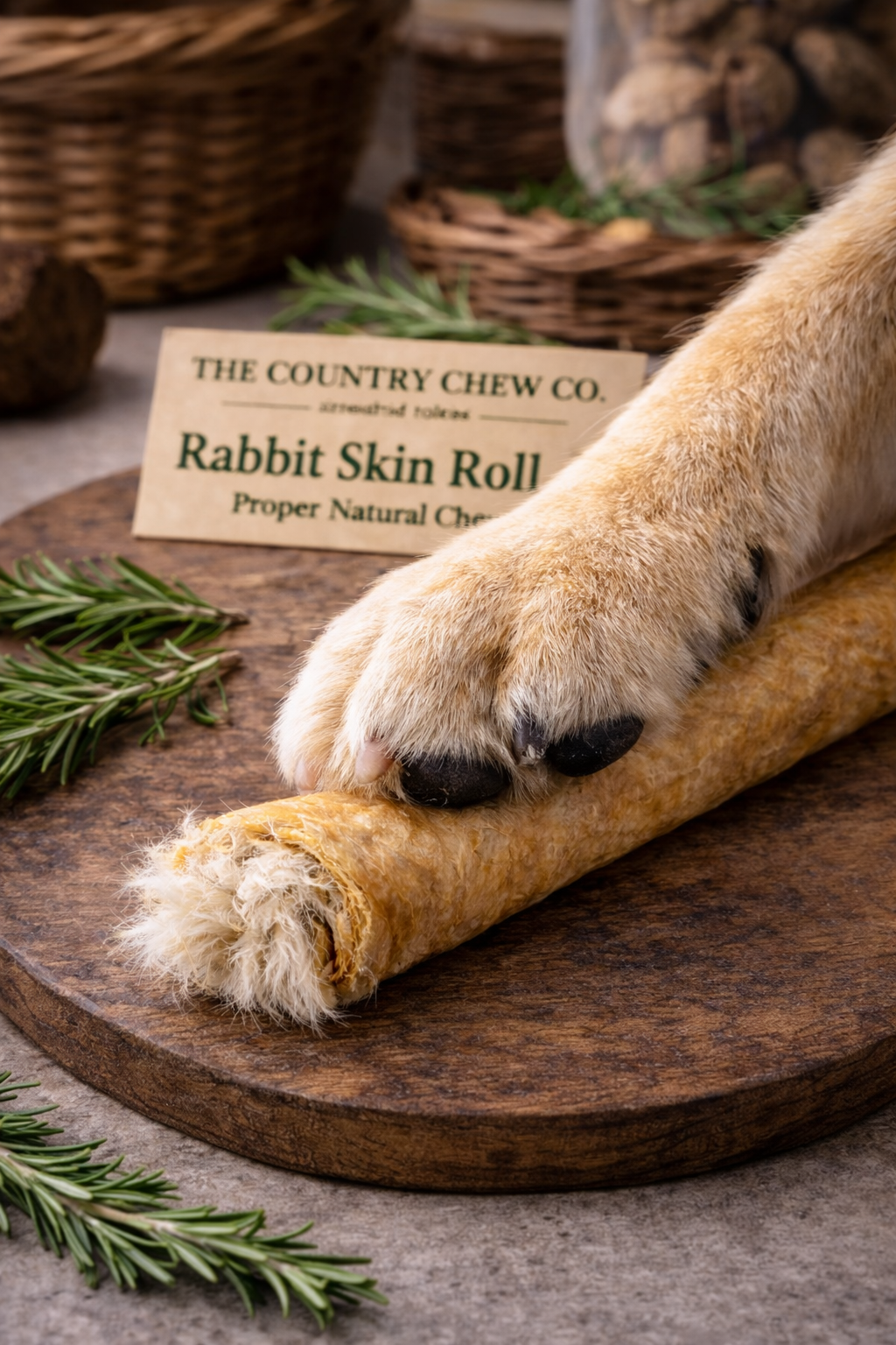 Dog paw interacting with a Rabbit Skin Roll from The Country Chew Co. on a wooden surface.