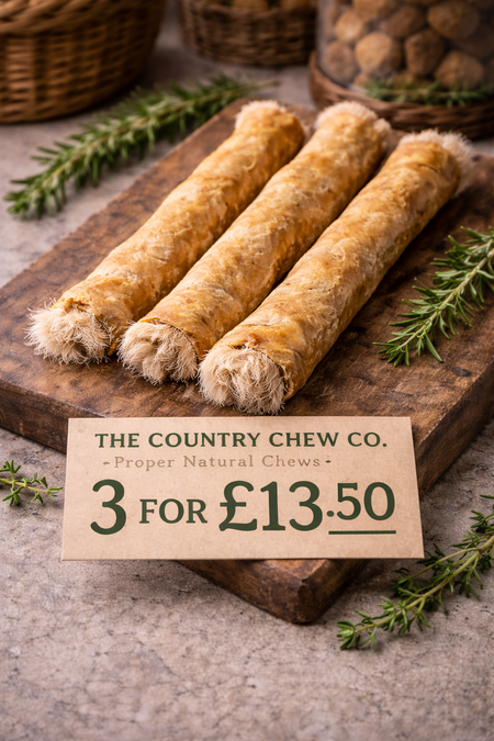 Three Rabbit Skin chews on a wooden board with a promotional sign for The Country Chew Co.