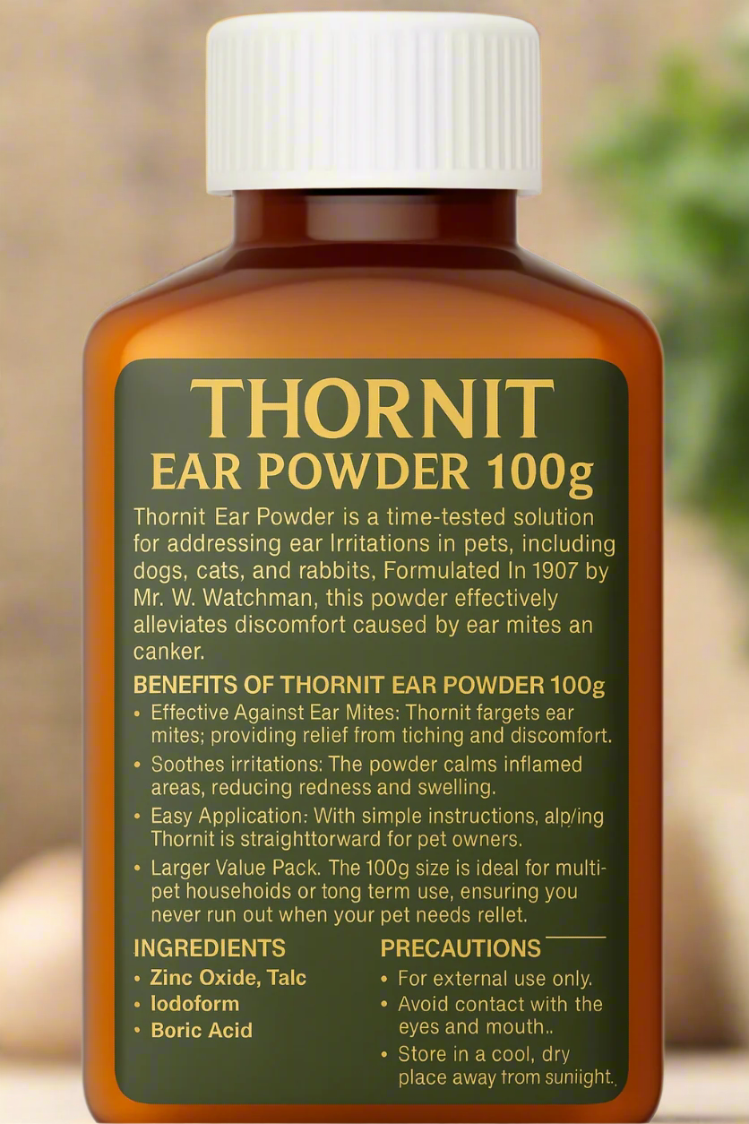 Bottle of Thornit Ear Powder 100g with label on a white background