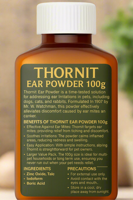 Bottle of Thornit Ear Powder 100g with label on a white background
