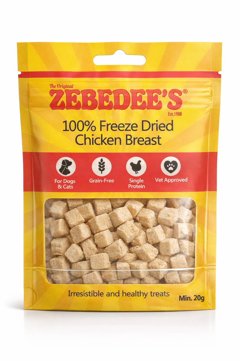 Zebedee's 100% Freeze Dried Chicken Breast package on a white background