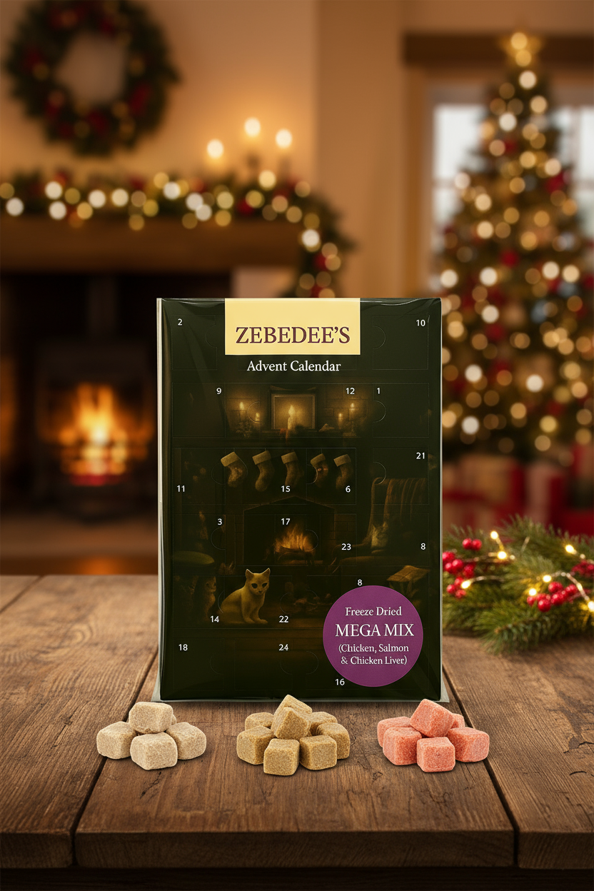 Zebedee's Advent Calendar for freeze-dried cat food with a fireplace and cat illustration on a white background.