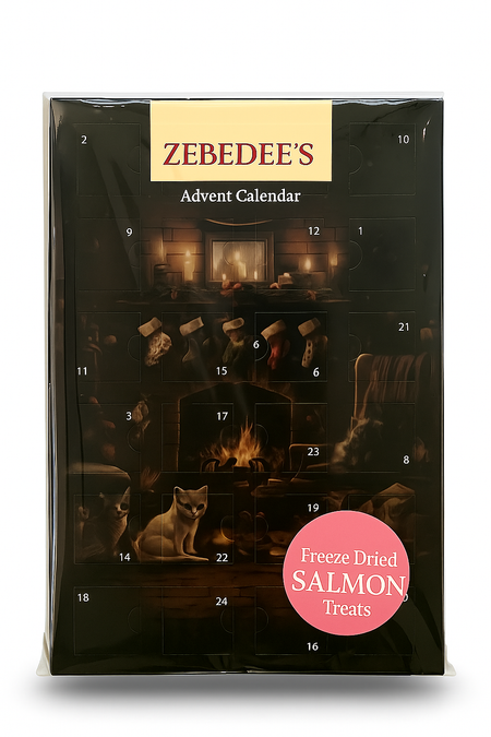 Zebedee's Advent Calendar for freeze-dried salmon treats with a cat by a fireplace illustration.
