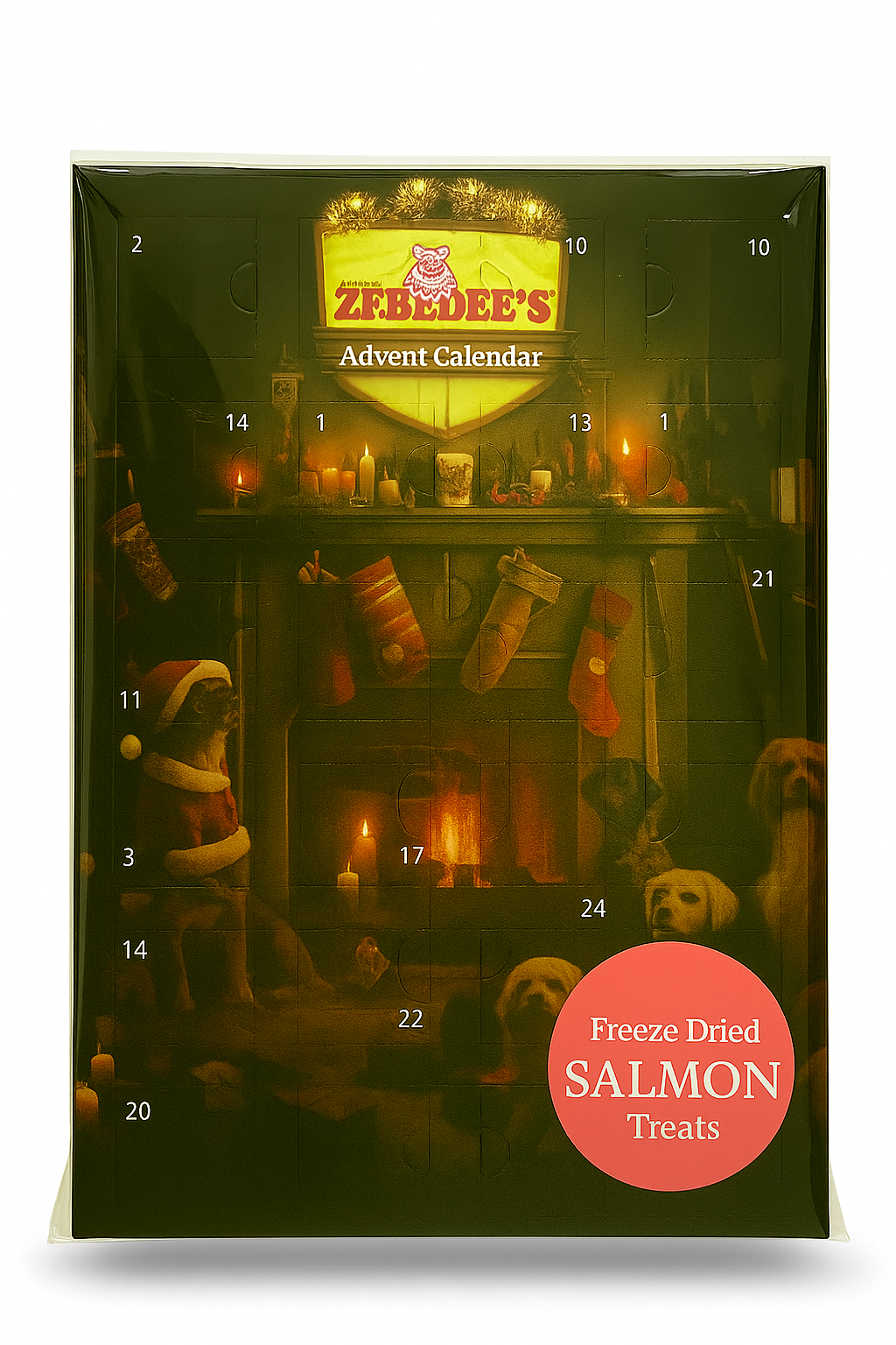 Zebedee's Advent Calendar for dogs with a festive scene and salmon treats label.