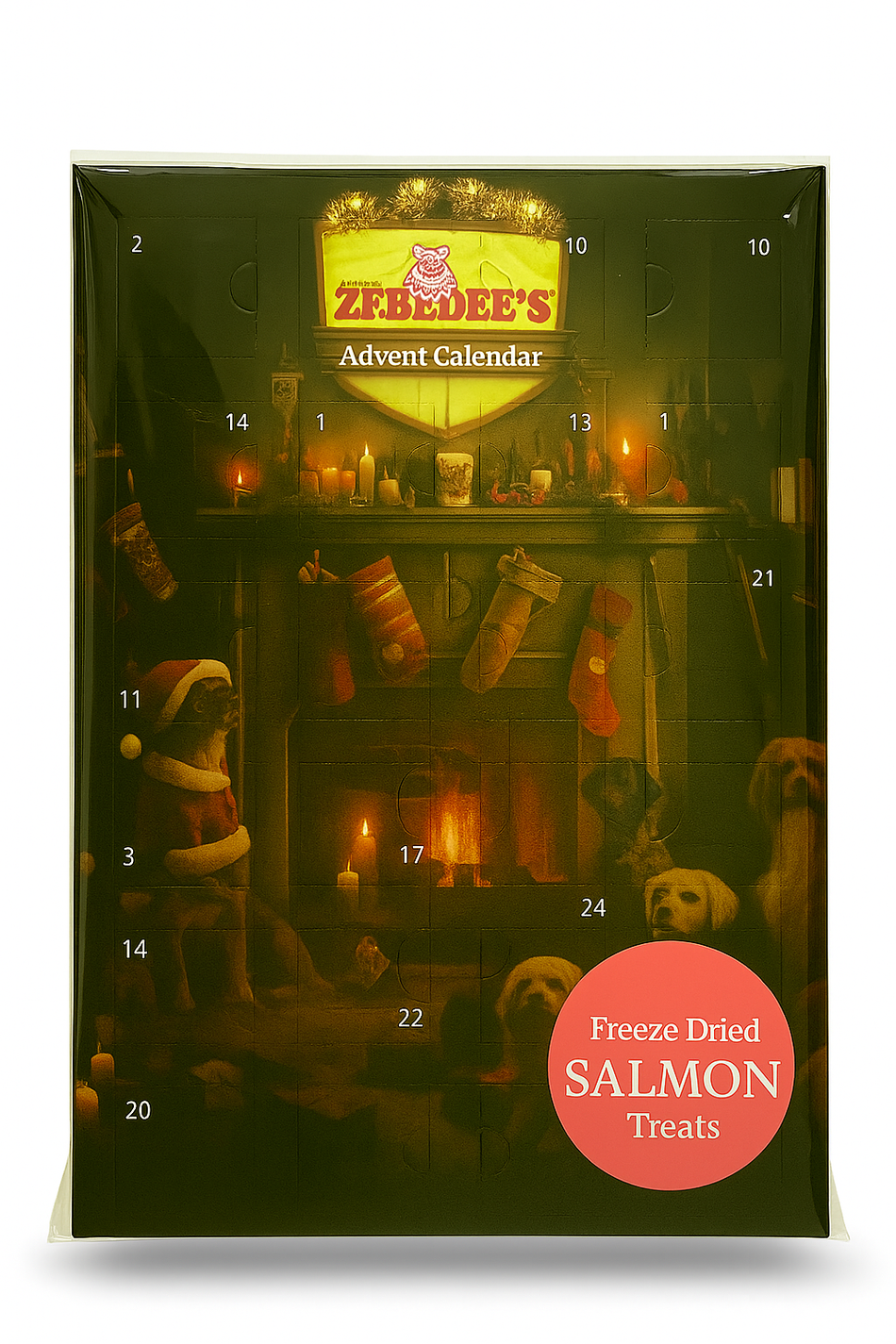 Zebedee's Advent Calendar for dogs with a festive scene and salmon treats label.