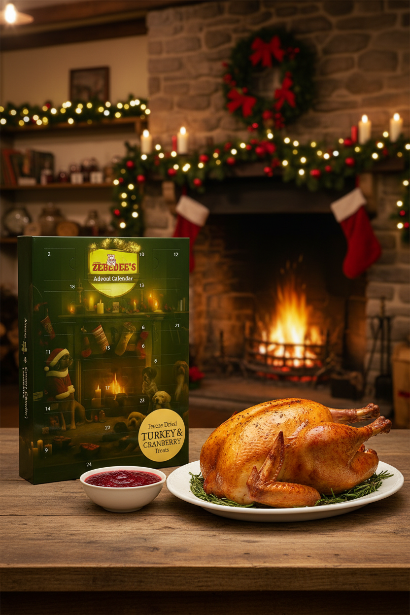 Zebedee's Advent Calendar for freeze-dried turkey and cranberry treats with a festive scene on a white background.