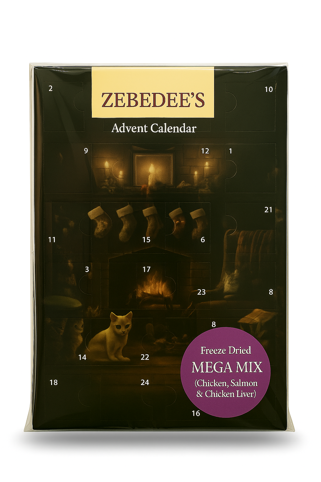 Zebedee's Advent Calendar for freeze-dried cat food with a fireplace and cat illustration on a white background.