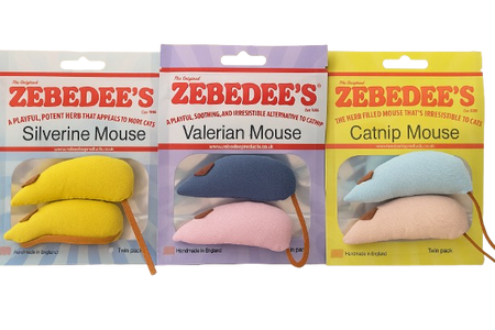 Three packages of Zebedee's catnip mice with different colors and names.