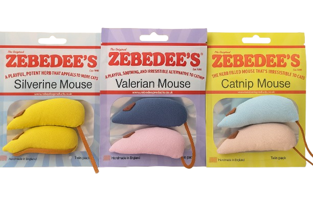 Three packages of Zebedee's catnip mice with different colors and names.