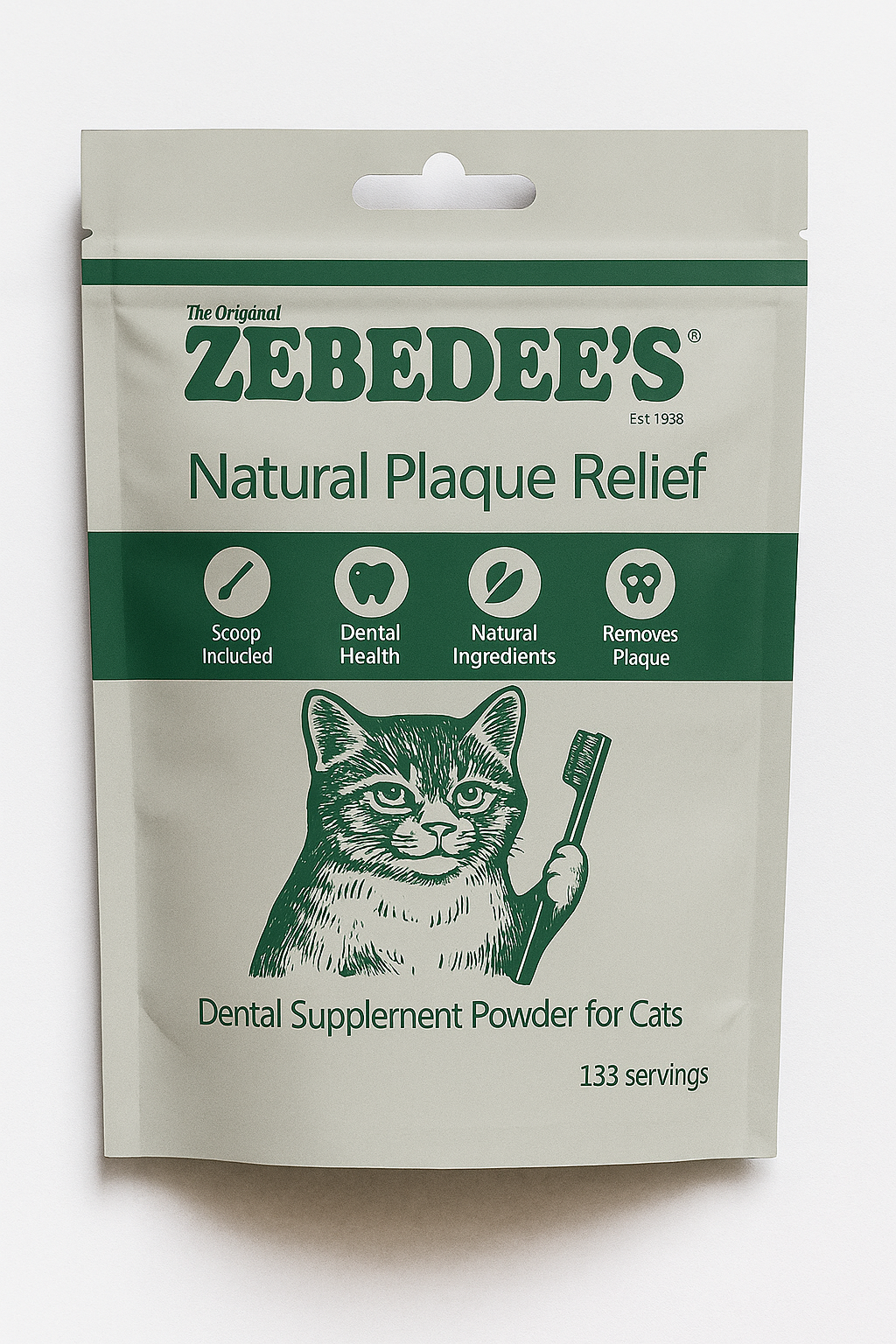 Zebedee's Natural Plaque Relief dental supplement powder for cats packaging on a white background