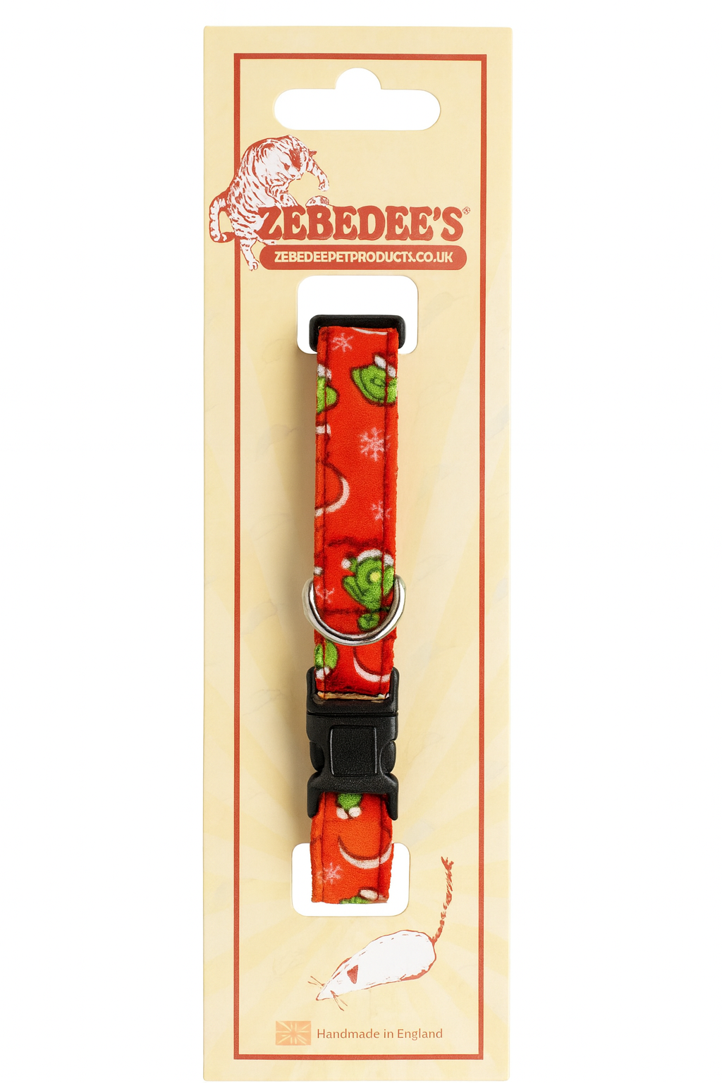Red pet collar with green pattern on a beige card with Zebedee's branding.
