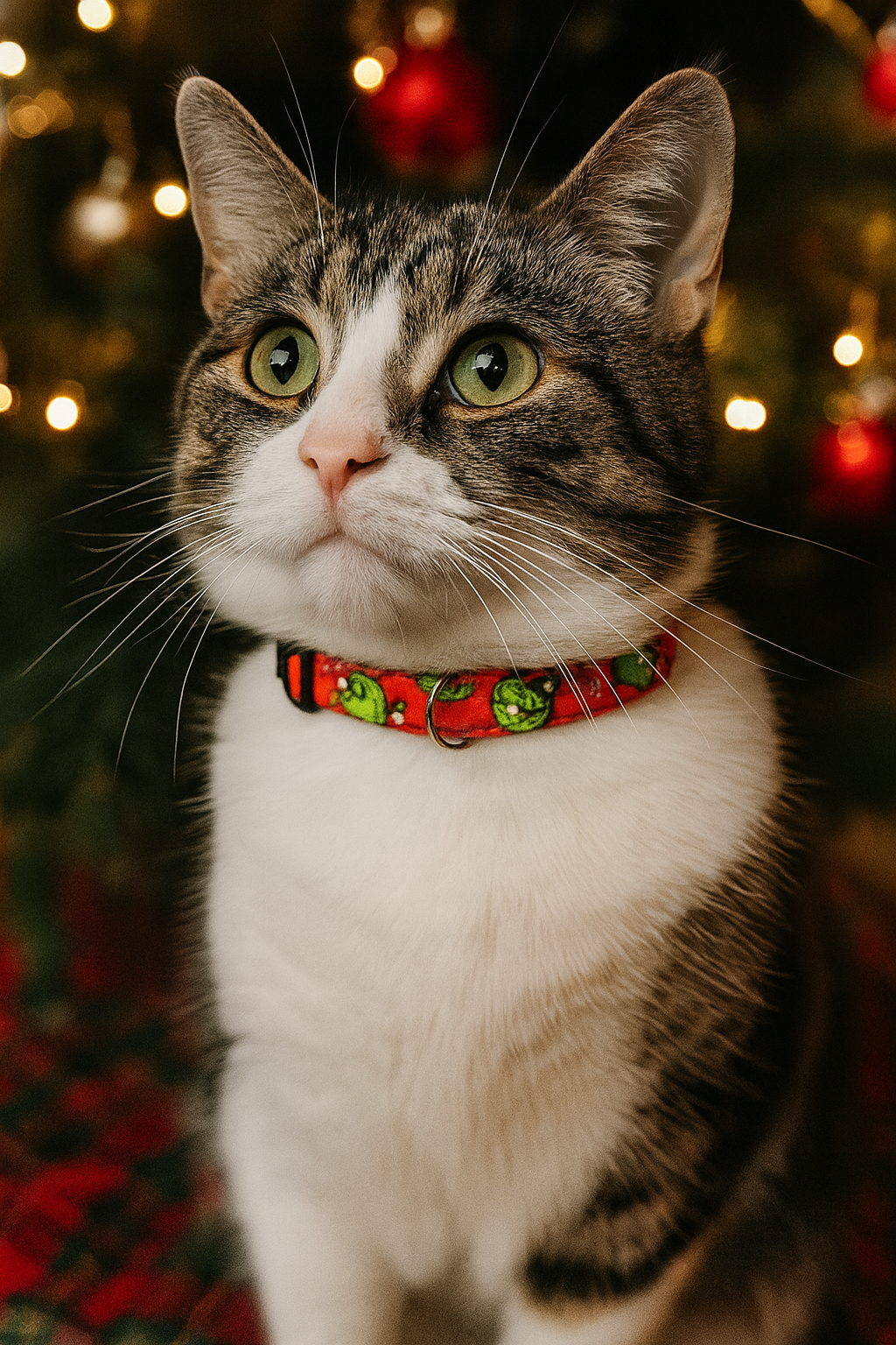 Cat wearing a festive collar in front of a Christmas tree with lights.