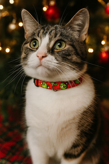 Cat wearing a festive collar in front of a Christmas tree with lights.