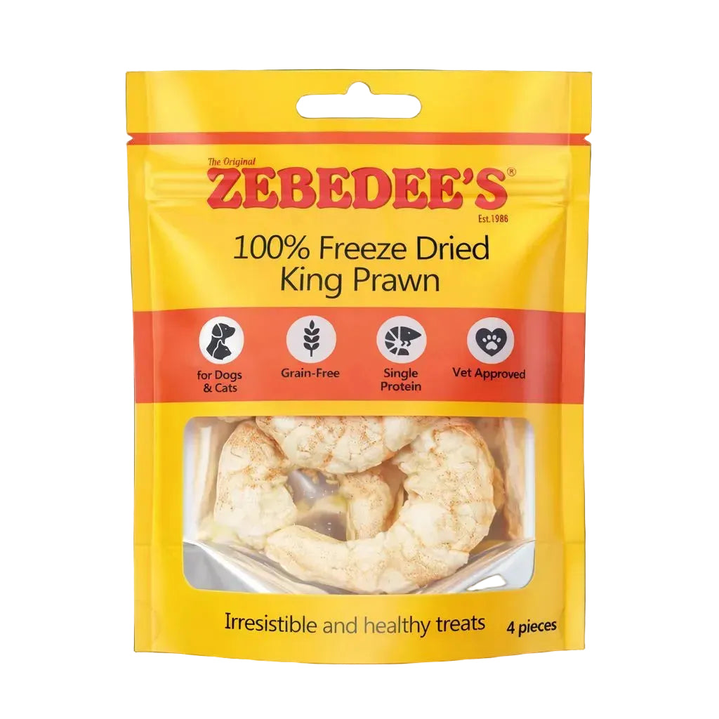 Zebedee's 100% Freeze Dried King Prawn treats packaging on a white background