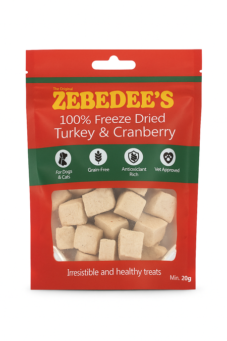Zebedee's freeze-dried turkey and cranberry treats packaging on a white background