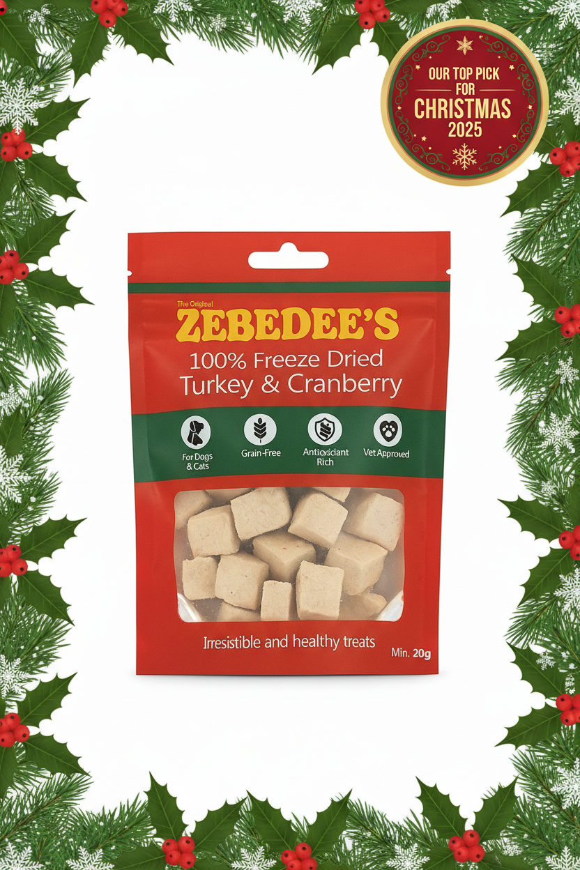 Zebedee's freeze-dried turkey and cranberry treats packaging with Christmas decorations.