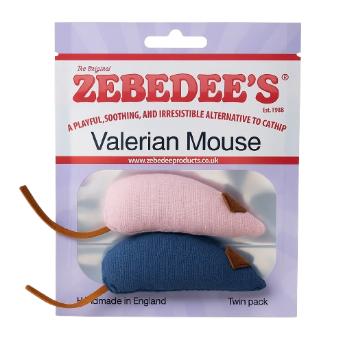 Zebedee's Valerian Mouse packaging with two mice and a purple background