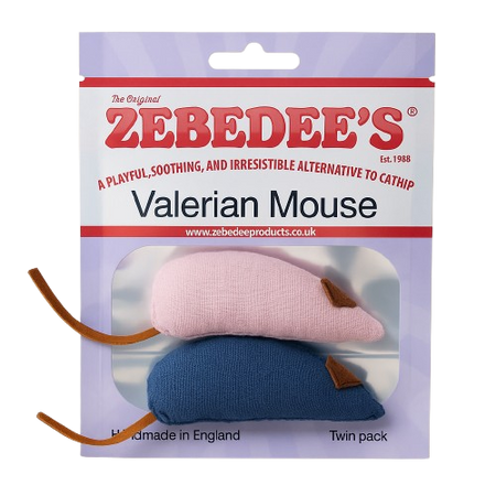 Zebedee's Valerian Mouse packaging with two mice and a purple background