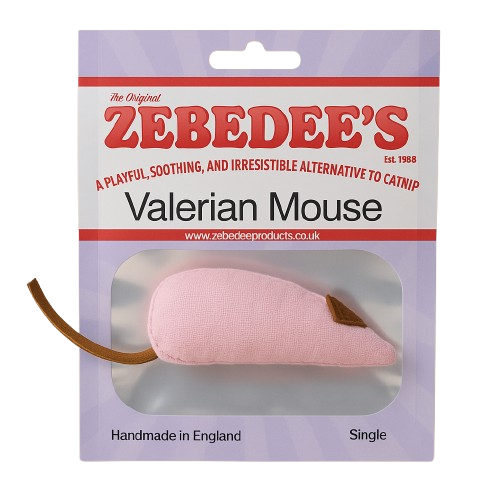 Zebedee's Valerian Mouse packaging with pink mouse toy on a white background