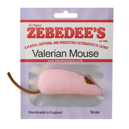 Zebedee's Valerian Mouse packaging with pink mouse toy on a white background