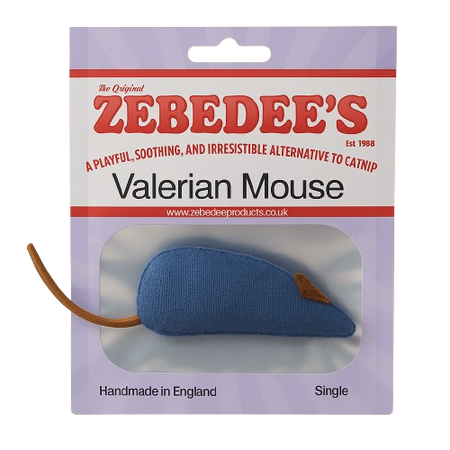 Zebedees Valerian Mouse packaging with a blue mouse toy on a white background